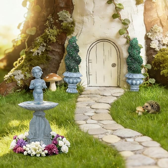iland 1/12 Scale Fairy Garden Accessories Outdoor Mini Water Fountain & 2 Topiary Twist Trees in Pots Mini Ornaments for Garden Dollhouse Décor Dollhouse Accessories Miniatures