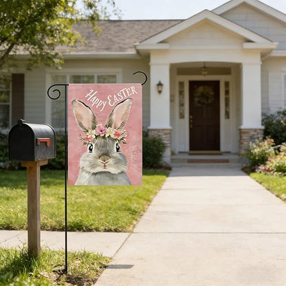 1Pcs Happy Easter Garden Flag, Cute Bunny Garden Flags 12x18 Double Sided, Flower Rabbit Vertical Flag, Spring Holiday Yard Flags, Pink Small Garden Flags for Outside Yard Lawn Easter Decorations