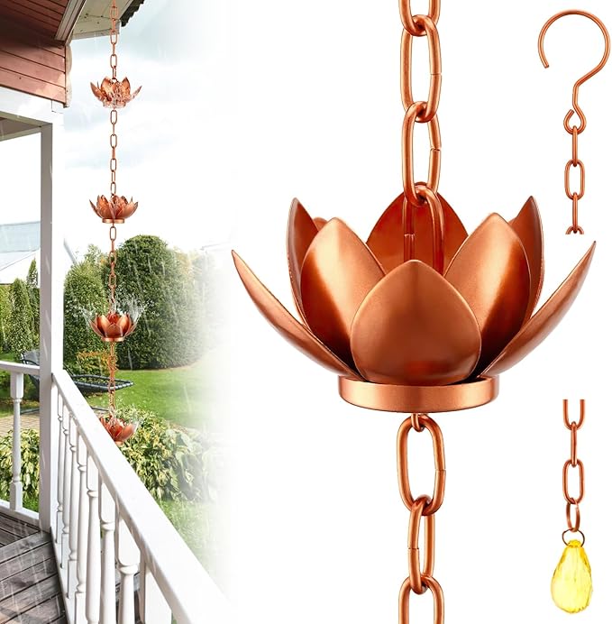 OMISTAR Rain Chain with 5 Lotus Cups, Hanging Outdoor Gutter Rain Chain, Decorative Downspout with Lotus Flowers & Yellow Gemstone Pendant, 47 in Rain Chain for Garden, Patio, Porch, Yard