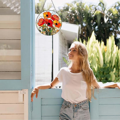 California Poppy Stained Glass Window Hanging 7.8'' – Sun Catcher Indoor Window Decor, Glass Suncatcher for Windows, Flower Hanging Ornament, for Mom Grandma Women Seniors