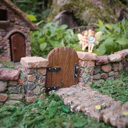 Treasure Gurus Miniature Stone Pillar Wood Gate Fairy Garden Ornament Dollhouse Decor Accessory