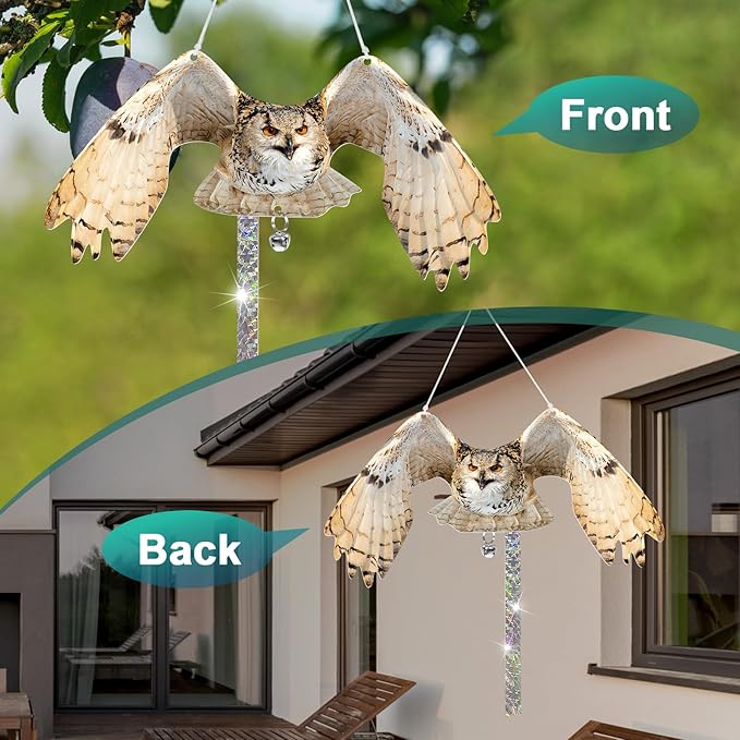 Owls to Keep Birds Away: 2Pcs Fake Owls with Reflective Tape for Garden Patio Tree, Bird Scare Reflective Hanging Decoration to Keep Birds Pigeon from Windows Tree Garden