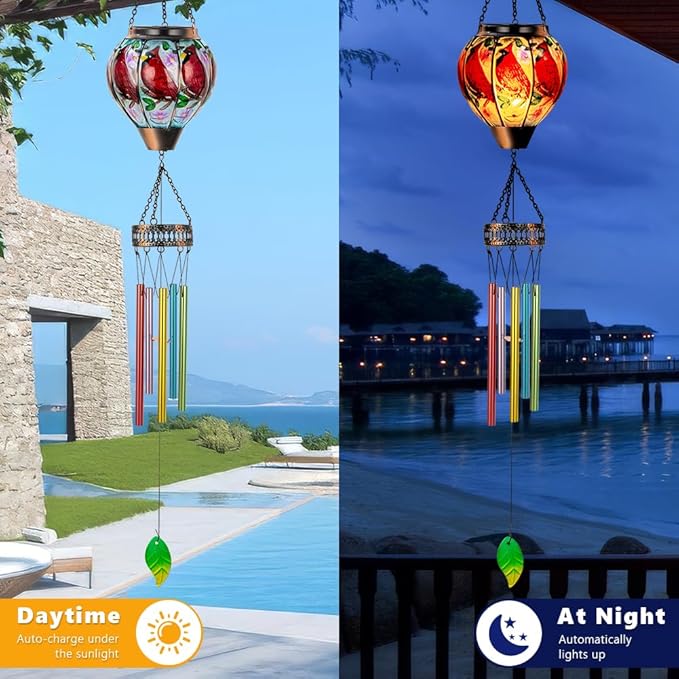 Cardinal Wind Chimes for Outside,Solar Wind Chimes with Solar Lights,Hanging Wind Chime Deep Tone,Windchimes Outdoor,Memorial Wind Chime for Mom,Outdoor Windchime for Loss of Loved One