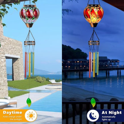 Cardinal Wind Chimes for Outside,Solar Wind Chimes with Solar Lights,Hanging Wind Chime Deep Tone,Windchimes Outdoor,Memorial Wind Chime for Mom,Outdoor Windchime for Loss of Loved One