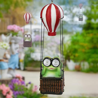 Solar Hot Air Balloon Frog Hanging Garden Statue with Lantern, Cute and Funny Figurine Solar Light Garden Outdoor Waterproof Decoration, Beautifully Crafted Birthday Gifts for Mom or Dad
