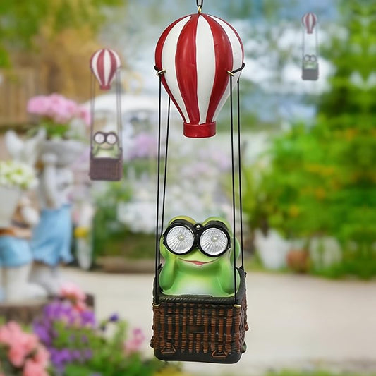 Solar Hot Air Balloon Frog Hanging Garden Statue with Lantern, Cute and Funny Figurine Solar Light Garden Outdoor Waterproof Decoration, Beautifully Crafted Birthday Gifts for Mom or Dad