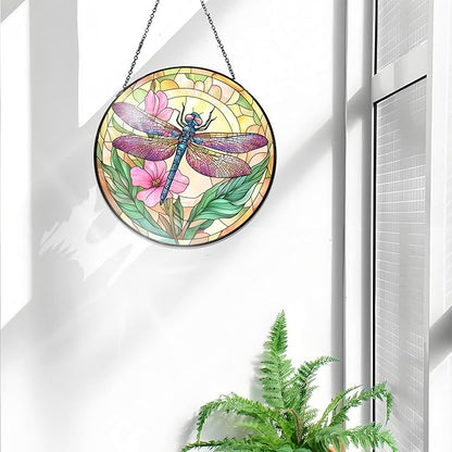 Bimkole Dragonfly Stained Glass Suncatcher Window Hanging - Flowers Design for Indoor Window or Doorway Decoration - 7.87x7.87 inch with Chain and Hook - Unique Home Decor Gift