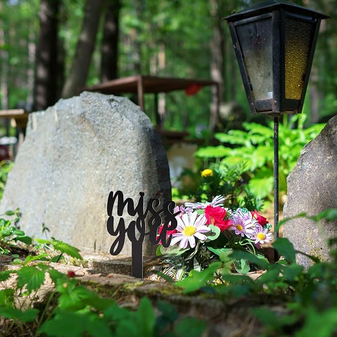Fumete Cemetery Decorations for Grave, Miss You Memorial Grave Markers, Metal Memorial Stake Headstones Cemetery Plaque Garden Yard Outdoor Decoration for Mom Dad Friend(12.6 x 7.87 Inch)
