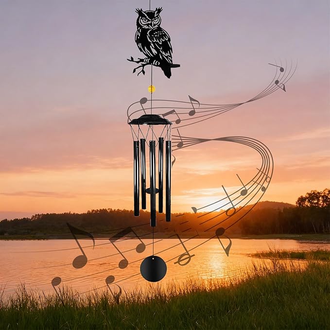 Owl Wind Chimes for Outside - Owl Windchimes Outdoors, Black Metal Memorial Wind Chime for Home, Patio, Balcony Decor, for Mom Dad Family Friend, Gifts for Mother's Day, Housewarming, Retirement