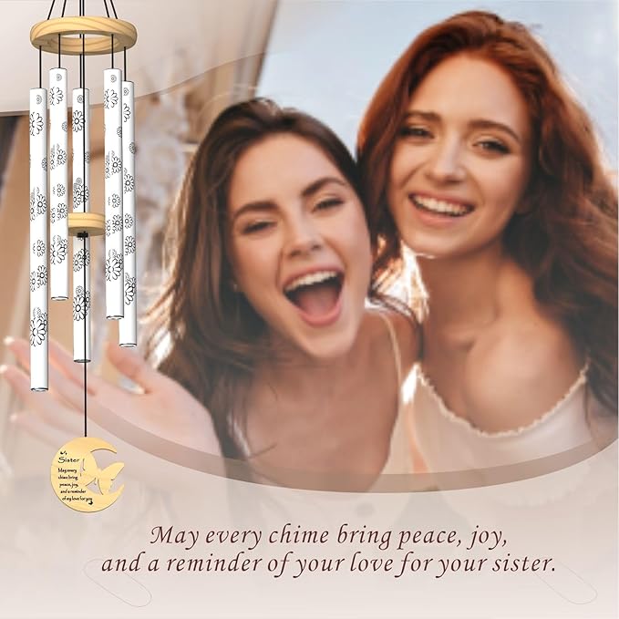 Sister Gifts, Sister Birthday Gift from Sister, 32" Daisy Print Modern Wind Chimes with Butterfly Pendant, Best Sister Ever Gift for Women Birthday Wedding Mother's Day (for Sister)