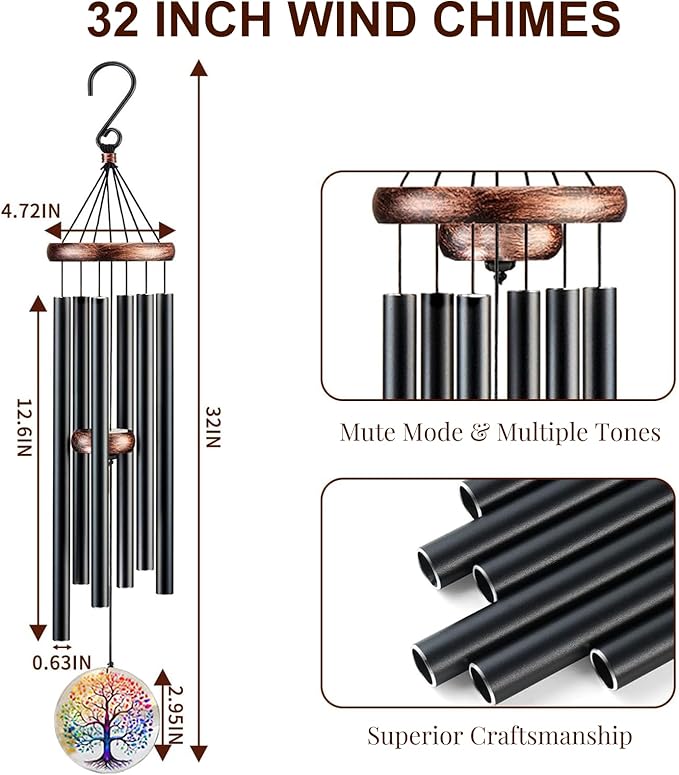 Tree of Life Wind Chimes for Outside, Deep Tone Outdoor Wind Chime with Colorful Wind Catcher, 6 Aluminum Tubes, Garden Porch Patio Decor, Memorial & Birthday Gift (32" Tree of Life)