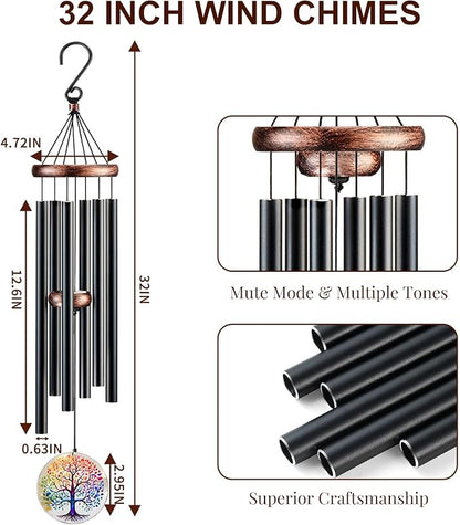 Tree of Life Wind Chimes for Outside, Deep Tone Outdoor Wind Chime with Colorful Wind Catcher, 6 Aluminum Tubes, Garden Porch Patio Decor, Memorial & Birthday Gift (32" Tree of Life)