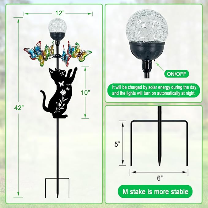 Solar Lights Yard Stakes-Butterfly Wind Spinners,Metal Black Cat Garden Decor with Color Changing LED for Patio,Pathway,Lawn,Walkway,Outdoor Decorative
