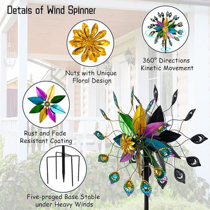 DREAMYSOUL Outdoor Kinetic Wind Spinner 360 Degree Rotate, Double-Sided Large Metal Wind Spinners for Yard and Garden, 16" Dia * 66" H Tall Wind Sculpture & Spinners