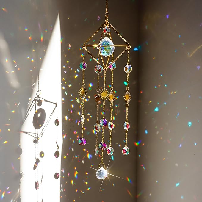 HDCRYSTALGIFTS 17inch Crystal Prisms Suncatcher for Window Hanging Gold-Plated Crystal Sun Catcher Indoor Window Rainbow Maker Home Garden Christmas Tree Decoration