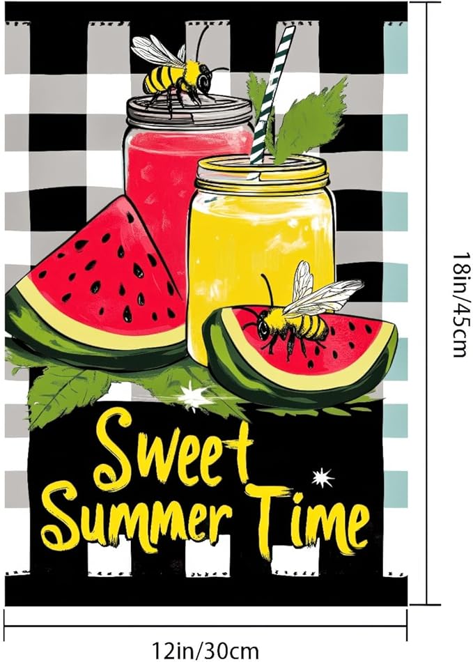 BlissYard Sweet Summer Time Garden Flag Watermelon Buffalo Plaid Lemon Welcome Small Flags for Outside Double Sided Juice Seasonal Banner Farmhouse Outdoor Yard Decoration 12x18 Inch