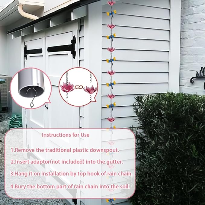 10ft Lotus Rain Chains for Outside, 12-Cup Rain Chain Replacement Downspout for Gutters,Eaves, Drainage, Adjustable Length(Pink)