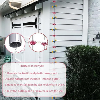 10ft Lotus Rain Chains for Outside, 12-Cup Rain Chain Replacement Downspout for Gutters,Eaves, Drainage, Adjustable Length(Pink)
