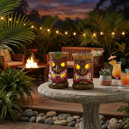 TERESA'S COLLECTIONS Tiki Head Garden Decor with Solar Outdoor Light, Set of 2 Tropical Hawaiian Tiki Torch Resin Christmas Decorations Garden Sculptures & Statues Yard Decor Thanksgiving Gifts 6"