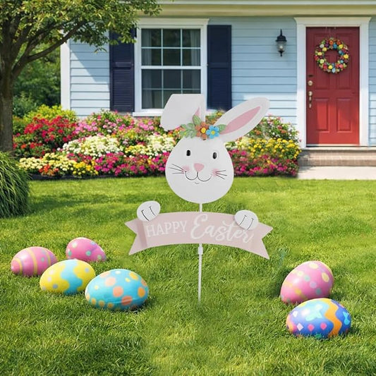 Easter Decorations Outdoor Metal Bunny Decorative Garden Stakes Happy Easter Decor Outdoor 3D Spring Yard Decor Farmhouse Rabbit for Home Outside Lawn Front Porch Happy Easter Yard Sign