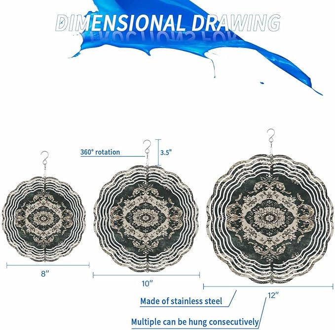 Stainless Steel Wind Spinner for Yard Garden Decoration, Dark Green Ethnic Beige Floral Retro Print Round Wind Sculpture Spinner 3D Crafts Hanging Ornaments for Indoor Outdoor, 8 Inch
