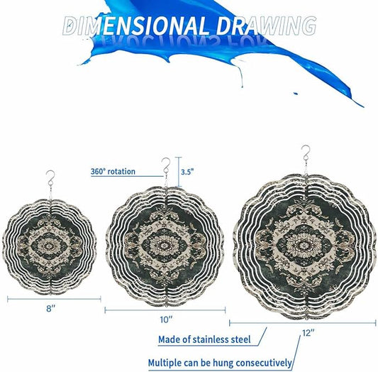 Stainless Steel Wind Spinner for Yard Garden Decoration, Dark Green Ethnic Beige Floral Retro Print Round Wind Sculpture Spinner 3D Crafts Hanging Ornaments for Indoor Outdoor, 8 Inch