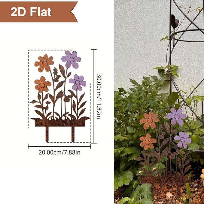 Rusty Metal Wild Flowers Garden Stakes 11.82 x 8.47 inches, Decorative Flowers Yard Stake Metal Art for Outdoor Garden Lawn Decor (Flower-F)