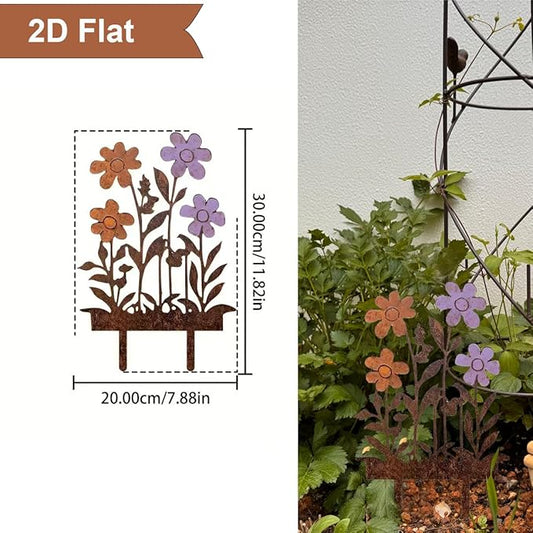Rusty Metal Wild Flowers Garden Stakes 11.82 x 8.47 inches, Decorative Flowers Yard Stake Metal Art for Outdoor Garden Lawn Decor (Flower-F)