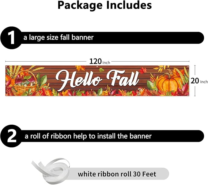 Probsin Happy Fall Banner 120"x 20" Decorations Outdoor Thanksgiving Decor Autumn Party Supplies Wooden Hello Fall Pumpkin Mushroom Harvest Welcome Hanging Backdrop for Garden Fence Yard Lawn Porch