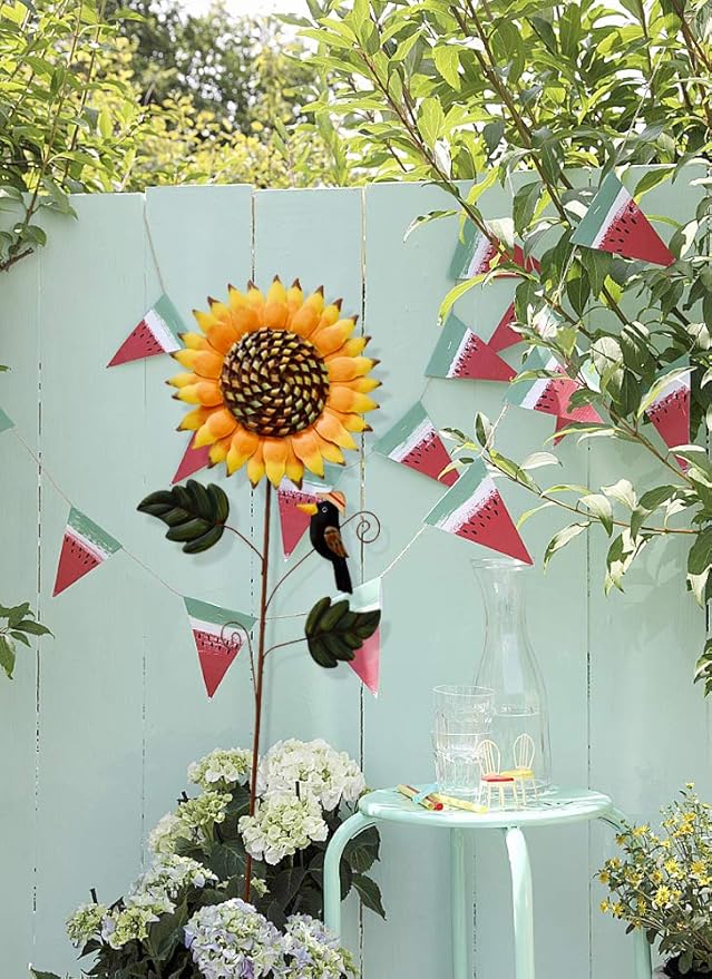 Kilipes Metal Sunflower Yard Stake with Crow Decor Flower Garden Stake Decorative Outdoor Decor for Patio Lawn Plant Pot (2)
