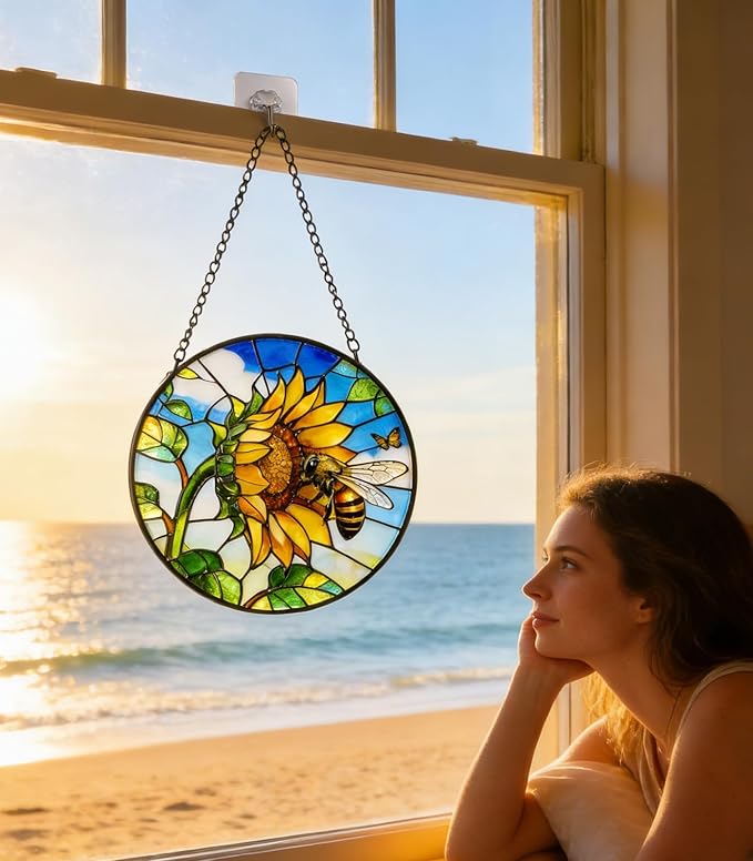 Stained Glass Window Hanging - Sunflower Flower and Bees on a Branch Suncatcher for Window Doors Home Decoration and Christmas, 9.8 * 9.8 inch