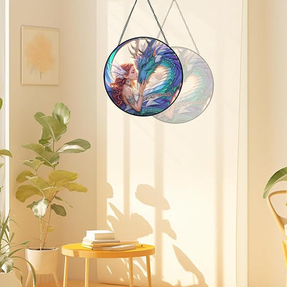 Dragon Fairy Stained Glass Window Hanging, 7.87" Fantasy Suncatcher for Windows with Chain, Fantasy Glass Sun Catcher Decor for Home Bedroom, Window Ornament Gifts for Women & Dragon Lovers