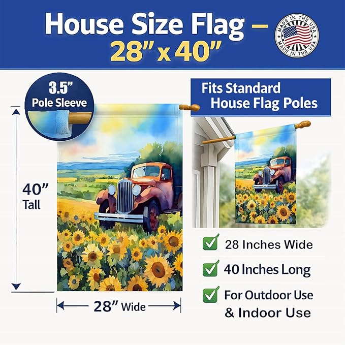 Caroline's Treasures Kansas Sunflowers in Watercolor House Flag Large Porch Sleeve Pole Decorative Outside Yard Banner Artwork Wall Hanging, Polyester, House Size, Multicolor