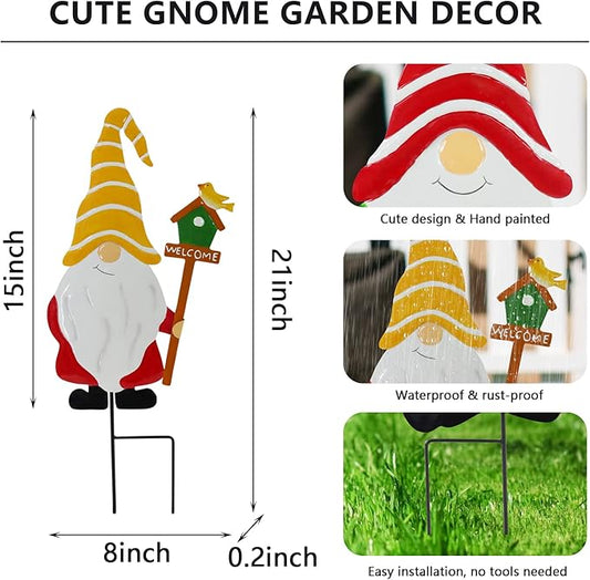 Gnome Garden Decor, Metal Gnomes Decorative Garden Stakes, Garden Decorations for Outside Yard Lawn, Outdoor Porch Patio Metal Gnome Fence Wall Decor(21 inch Set of 3)