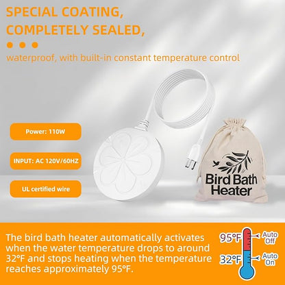 110W Bird Bath Heater for Outdoors in Winter–Submersible Pond Deicer,Cast Aluminum Thermostatic Chicken Water Heater,Power Cord 4.92 Ft/1.5M(White)
