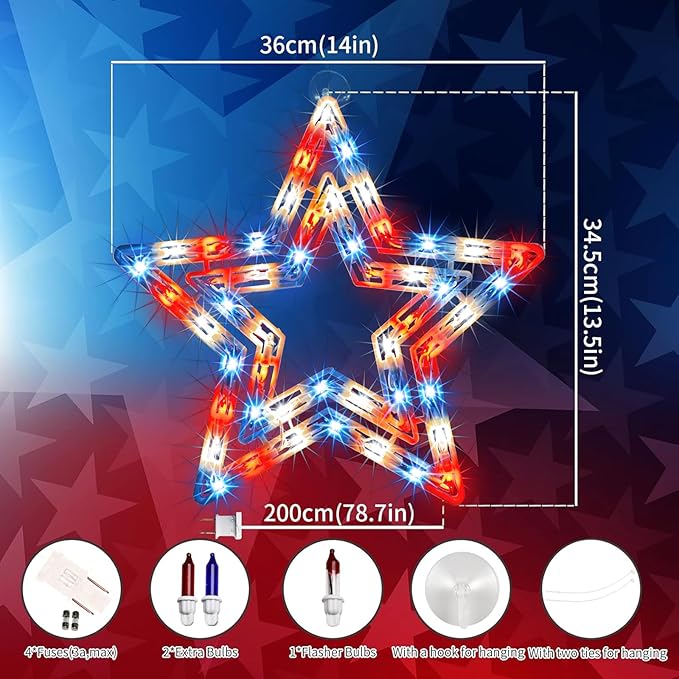 LAMPHOME 14" Lighted Red, White and Blue Patriotic Star Window Silhouette Decoration for Indoor & Outdoor Celebrations