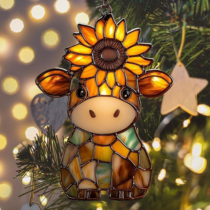 Mosaic Cow and Sunflowers Lover Acrylic Suncatcher Stained Glass Effect Window Car Hanging Christmas Ornament Indoor Outdoor Decor Garden Sun Catcher Panel for Cow Lover for Women Mom Grandma