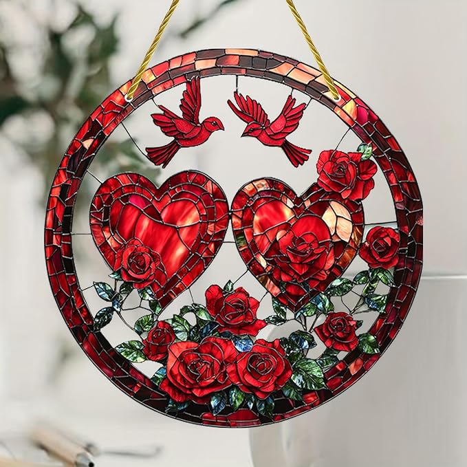 Valentine Heart Suncatcher Ornament Red Birds Rose Designs Pattern Window Hanging Suncatchers Full Cover Stained Glass for Garden Room Decor Valentine's Romantic Ornaments for Wife Gift