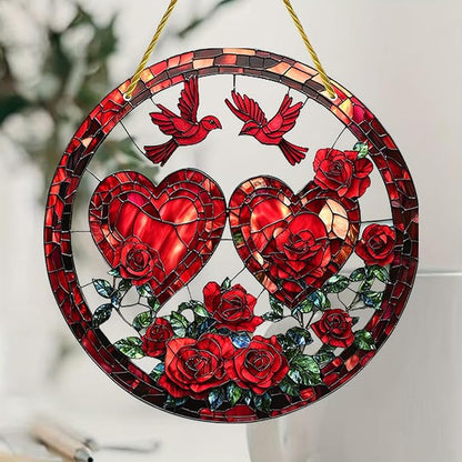 Valentine Heart Suncatcher Ornament Red Birds Rose Designs Pattern Window Hanging Suncatchers Full Cover Stained Glass for Garden Room Decor Valentine's Romantic Ornaments for Wife Gift