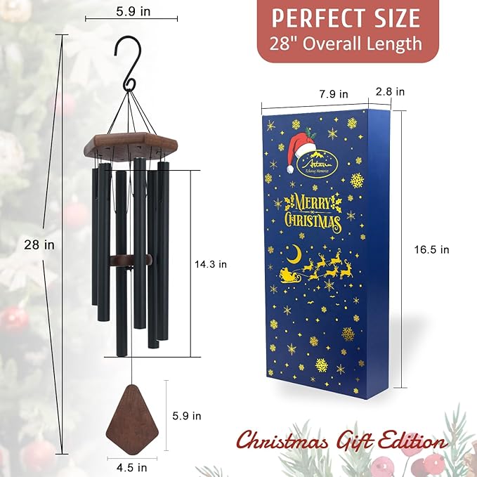 Wind Chimes for Outside, Black Aluminum Wind Chime with Wind Catcher, Garden & Patio Outdoor Decor, Deep Tone Tuned Windchimes, for Men and Women, Box Included