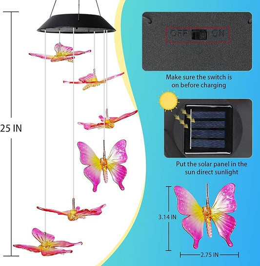 MorTime 25" LED Solar Wind Chime, Color Changing Solar Butterfly Wind Chimes Mobile Hanging Wind Chime for OutsideHome Garden Decoration