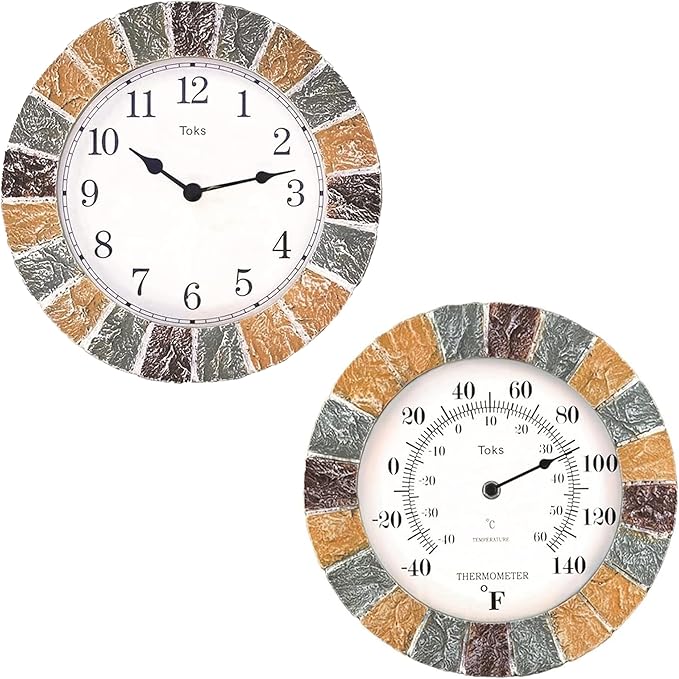 Lily's Home 10 inch Indoor or Outdoor Hanging Wall Clock and Thermometer Set,Stone Frame Battery Operated Quartz Movement, Operated Decor for Family Room, Office, Game Room,Garden, Backyard, Pool
