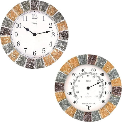 Lily's Home 10 inch Indoor or Outdoor Hanging Wall Clock and Thermometer Set,Stone Frame Battery Operated Quartz Movement, Operated Decor for Family Room, Office, Game Room,Garden, Backyard, Pool