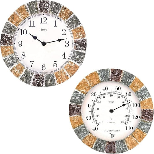 Lily's Home 10 inch Indoor or Outdoor Hanging Wall Clock and Thermometer Set,Stone Frame Battery Operated Quartz Movement, Operated Decor for Family Room, Office, Game Room,Garden, Backyard, Pool