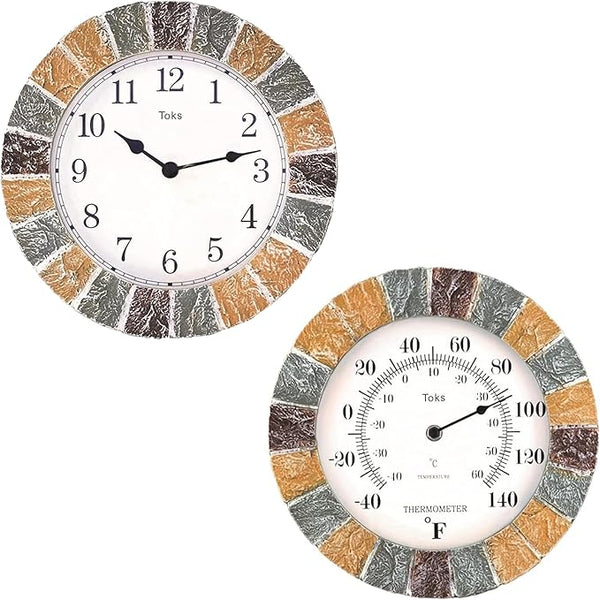 Lily's Home 10 inch Indoor or Outdoor Hanging Wall Clock and Thermometer Set,Stone Frame Battery Operated Quartz Movement, Operated Decor for Family Room, Office, Game Room,Garden, Backyard, Pool