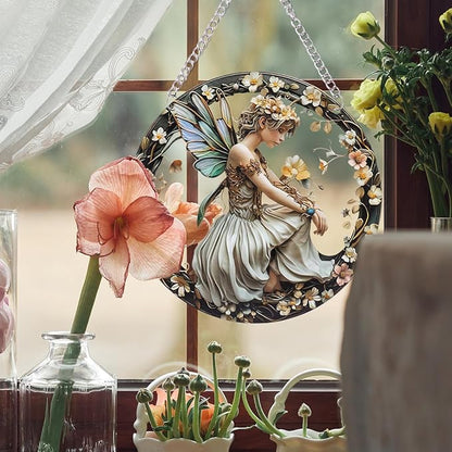 Butterfly Girl Fairy Suncatcher Acrylic Flower Fairy Window Hanging Stained Sun Catchers Indoor Window Decor with Chain Home Garden Decoration 7.8 inch YKA188 (A)