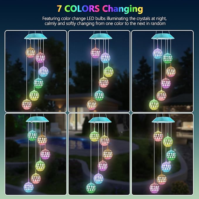 Solar Moroccan Ball Gifts for Mom Grandma Girls, Color Changing Solar Wind Chimes for Outside, Outdoor Decorative Mobile Lights for Garden, Yard, Patio, Window, Party Décor