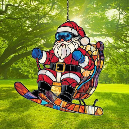 Funny Santa Claus Skiing Acrylic Suncatcher Stained Glass Effect Window Car Hanging Christmas Ornament Indoor Outdoor Decor Garden Sun Catcher Panel for Christmas Lover for Women Mom Grandma