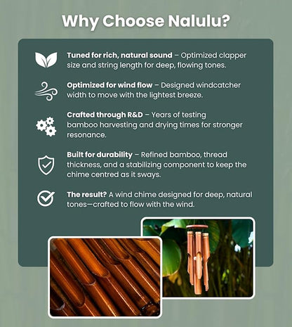 Nalulu Classic Bamboo Wind Chimes - Outside Outdoor Wood Wooden Windchimes, Large, Handcrafted with Calming Deep Tones, Ideal Home Decor or Gift for Any Occasion