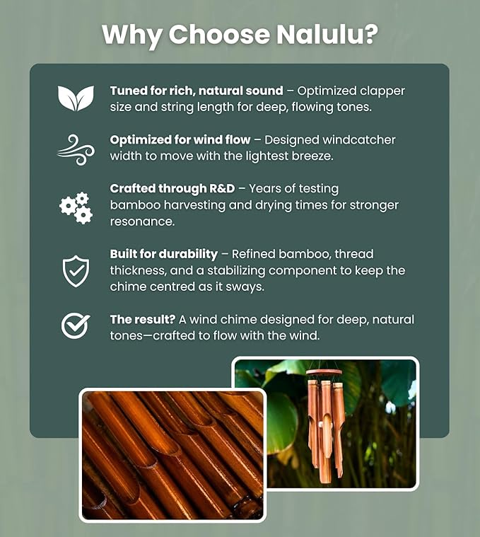Nalulu Classic Bamboo Wind Chimes - Outside Outdoor Wood Wooden Windchimes, Medium, Handcrafted with Calming Deep Tones, Ideal Home Decor or Gift for Any Occasion